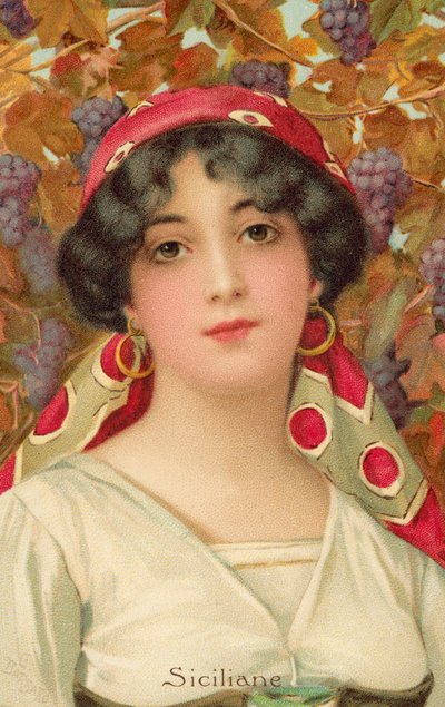 Portret sycylijskiej kobiety z winoroślą (kolor litho) autorstwa Giovanni Barbaro