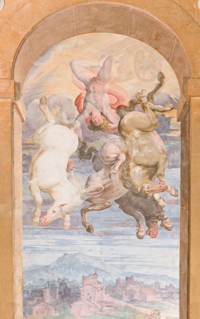 Rydwan Słońca prowadzony przez Apollo nurkującego w kierunku Ziemi, wschodnia ściana Apollo Loggia, ok. 1560 (fresk) autorstwa Giovanni Battista and Cambiaso Luca Castello