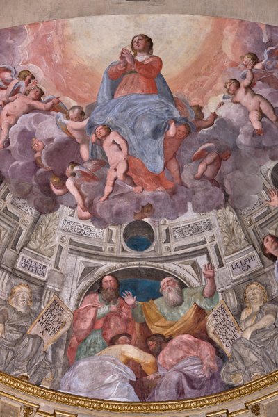 Genua, Duomo (katedra św. Wawrzyńca), wnętrze, kaplica Lercari lub kaplica Najświętszego Sakramentu (absyda północna), apsyda: „Wniebowzięcie Najświętszej Marii Panny”, fresk Giovanniego Battisty Castello znany jako Bergamasco autorstwa Giovanni Battista Castello