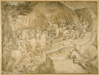 The Road to Calvary (pióro i brązowy tusz z brązowym lakierem) autorstwa Giovanni Battista  Castello