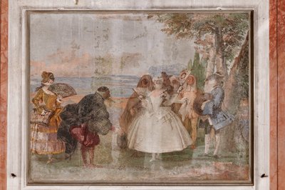 Kwatery Gościnne, Sala Scen Karnawałowych: „Pantalone i Columbina”, scena z maskami autorstwa Giovanni Battista Tiepolo