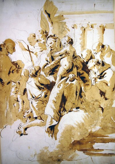 Madonna z Dzieciątkiem z Aniołami, Świętymi i Dzieciątkiem Jan Chrzciciel (pióro i brązowy tusz oraz pranie na papierze) autorstwa Giovanni Battista Tiepolo