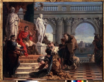 Mecenowie prezentujący sztukę Augustowi. Caius Cilnius Mecenas (lub Mecene) (około 70 pne-8 pne) polityk rzymski, który poświęcił swoją fortunę i wpływy na promocję sztuki i pisma wśród autorstwa Giovanni Battista Tiepolo