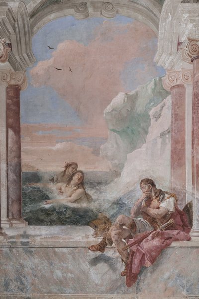 Palazzina (Mały Budynek): widok pierwszego pokoju i jego fresków przedstawiających epizody z Iliady: „Achilles we łzach, podczas gdy jego matka Tetyda wynurza się z morza, aby go pocieszyć” autorstwa Giovanni Battista Tiepolo