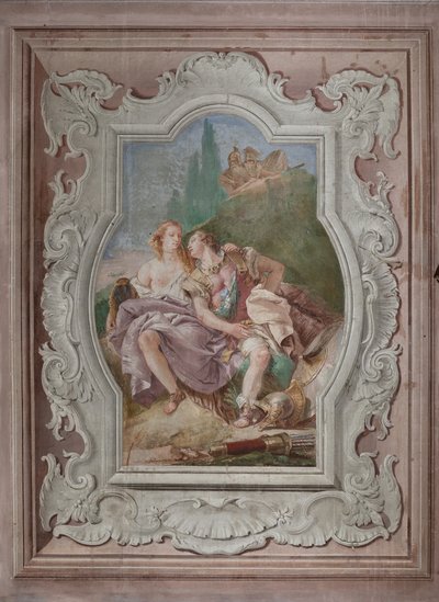 Palazzina (Mały Budynek): widok na czwartą komnatę lub Torquato Tasso, z freskami przedstawiającymi epizody „Jerusalem Delivered”: „Rinaldo i Armida w zaczarowanym ogrodzie, potajemnie obserwowani przez Ubaldo i Carlo” autorstwa Giovanni Battista Tiepolo