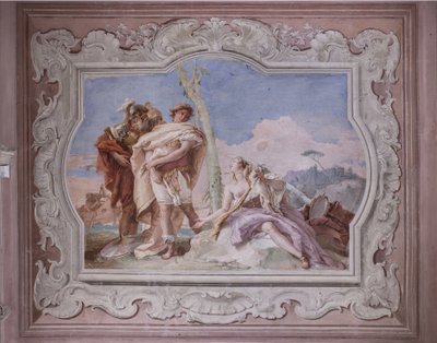 Palazzina (Mały budynek): widok czwartego pokoju lub Torquato Tasso, z freskami przedstawiającymi odcinki „Jerusalem Delivered”: „Rinaldo, eskortowany przez Ubaldo i Carlo, porzuca Armidę” autorstwa Giovanni Battista Tiepolo