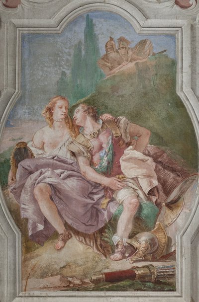 Palazzina (Mały Budynek): widok na czwartą komnatę lub Torquato Tasso, z freskami przedstawiającymi epizody „Jerusalem Delivered”: „Rinaldo i Armida w zaczarowanym ogrodzie, potajemnie obserwowani przez Ubaldo i Carlo” autorstwa Giovanni Battista Tiepolo