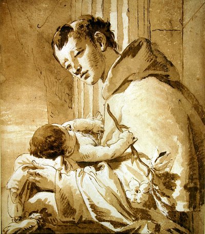 Św. Antoni trzymający Dzieciątko Jezus (długopis, brązowy tusz i płyn do płukania) autorstwa Giovanni Battista Tiepolo