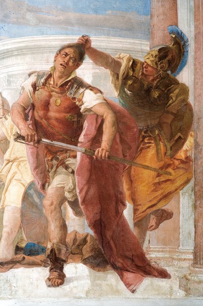 Fragment Minerwy powstrzymującej Achillesa przed zabiciem Agamemnona, z Sali Iliady w Palazzina autorstwa Giovanni Battista Tiepolo