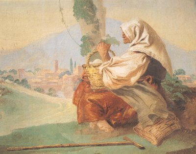 Krajobraz ma chłopa Starzec siedzi, głowę ma zakrwawioną, twarz ukrywa. autorstwa Giovanni Battista Tiepolo