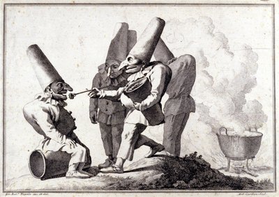 Grupa Pulcinella (włoska polichinelle). Rysowanie długopisem i mycie ołówkiem przez Giovanni Battista (Giambattista) Tiepolo (1696-1770). autorstwa Giovanni Battista Tiepolo