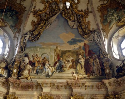 Inwestytura Eveque Aroldo przez Fryderyka I Hohenstaufen (1122-1190) z Fryderykiem Barberoussem, królem Niemiec i cesarzem germańskim Fresk autorstwa Giovanniego Battisty (Giambattisty) Tiepolo (1696-1770). XVIII-wieczny pałac w Würzburgu (Würzburg) Niemcy autorstwa Giovanni Battista Tiepolo