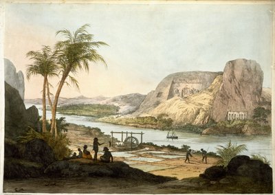 Widok zewnętrzny dwóch świątyń w Abu Simbel, z płyt ilustrujących naukowców w Egipcie i Nubii, opublikowanych w 1822 r. autorstwa Giovanni Battista Belzoni