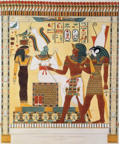 Mural z Grobowców Królów Teb, odkryty przez G. Belzoniego, tablica 19 z "Plates Illustrative of the Research in Egypt and Nubia", rytowany przez Charlesa Hullmandela (1789-1850) 1820-22 (oświetlony autorstwa Giovanni Battista Belzoni
