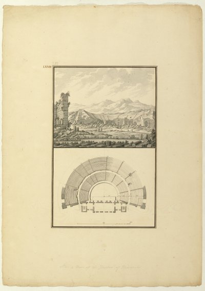 Widok i plan teatru w Hierapolis (obecnie Pamukkale), ok. 1750 (pióro i atrament oraz pranie na papierze) autorstwa Giovanni Battista Borra