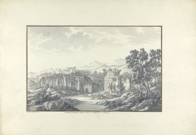 Widok na zrujnowane łaźnie w willi Hadriana w Tivoli, ok. 1750 autorstwa Giovanni Battista Borra