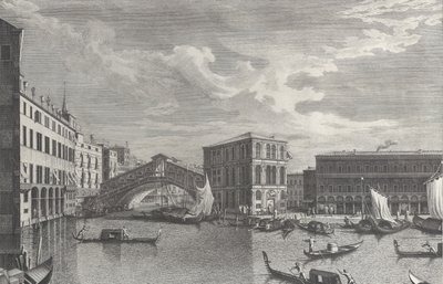 Most Rialto w Wenecji, z łodziami i gondolami na wodzie, 1763. autorstwa Giovanni Battista Brostoloni
