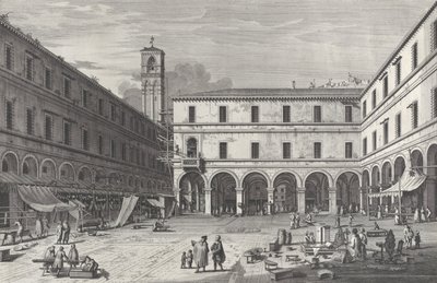Widok na rynek przy kościele San Giacomo, 1763., 1763. autorstwa Giovanni Battista Brostoloni