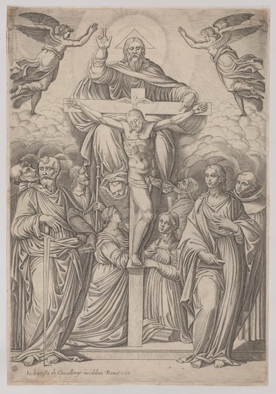 Trójca z ukrzyżowaniem w centrum i świętymi po obu stronach, 1586. autorstwa Giovanni Battista Cavalieri