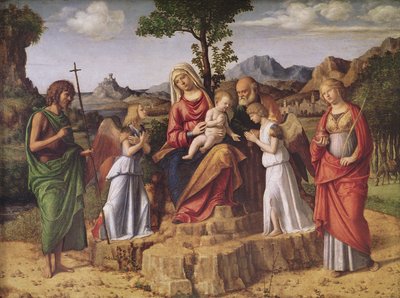 Święta Rozmowa (Święta Rodzina w otoczeniu aniołów, św. Łucji i św. Jana Chrzciciela), zatrzymanie się przed lotem do Egiptu, ok. 1490 autorstwa Giovanni Battista Cima da Conegliano