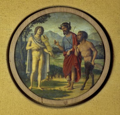 Osłona instrumentu klawiszowego z ilustracją przedstawiającą Apolla (z lirą) i Marsjasza autorstwa Giovanni Battista Cima da Conegliano