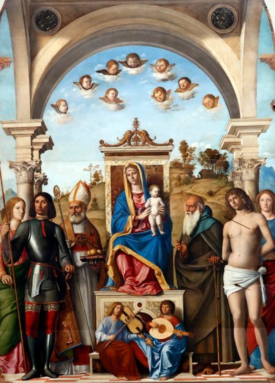 Madonna z Dzieciątkiem na tronie ze świętymi Katarzyną, Jerzym, Mikołajem, Antonim opatem, Sebastianem i Łucją autorstwa Giovanni Battista Cima da Conegliano
