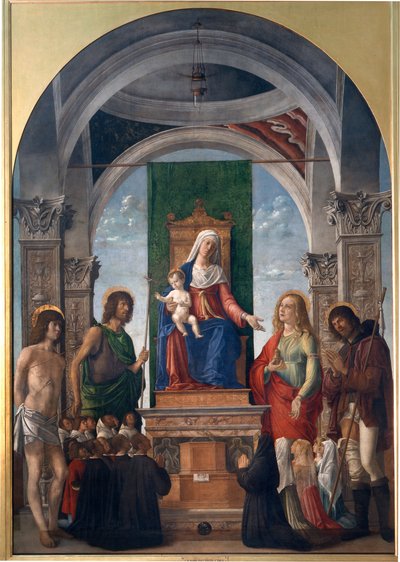 Madonna z Dzieciątkiem na tronie ze św. Sebastianem, św. Janem Chrzcicielem, św. Marią Magdaleną, św. Rochem i członkami Bractwa San Giovanni Evangelista autorstwa Giovanni Battista Cima da Conegliano