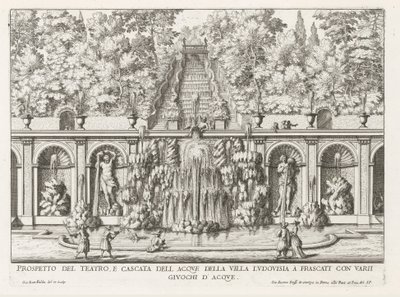 Cascade en Teatro delle Acque in de tuinen van de Villa Torlonia te Frascati Perspektywa teatru i kaskady wodnej Willi Ludovisia (...) (tytuł na obiekcie) Fontanny willi Frascati (tytuł serii) Fonteinen van Frascati (tytuł serii) autorstwa Giovanni Battista Falda