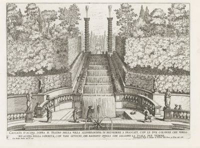 Cascade in de tuinen van de Villa Aldobrandini te Frascati Wodospad nad teatrem Villa Aldobrandina di Belvedere we Frascati (...) (tytuł na obiekcie) Fontanny willi Frascati (tytuł serii) Fonteinen van Frascati (tytuł serii) autorstwa Giovanni Battista Falda