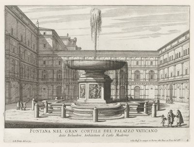 Fontein in de Cortile del Belvedere in het Vaticaan Fontanna na wielkim dziedzińcu Pałacu Watykańskiego (tytuł na obiekcie) Fontanny Rzymu (tytuł serii) Fonteinen van Rome (tytuł serii) autorstwa Giovanni Battista Falda