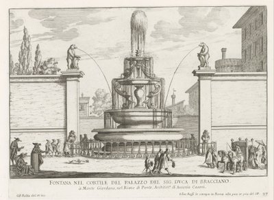 Fontein in de binnenplaats van Palazzo Taverna te Rome Fontanna na dziedzińcu pana książę Bracciano (tytuł na obiekcie) Fontanny Rzymu (tytuł serii) Fonteinen van Rome (tytuł serii) autorstwa Giovanni Battista Falda