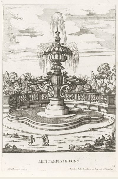 Fontanna w ogrodach Villa Doria Pamphilj w Rzymie Lilii Pamphylii fons (tytuł na obiekcie) Le fontane ne palazzi e ne giardini di Roma (tytuł serii) Fontanny w pałacach i ogrodach Rzymu (tytuł serii) autorstwa Giovanni Battista Falda