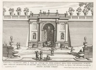 Fontein in de tuinen van de Villa Aldobrandini te Frascati Fontanna i elewacja nad aleją cyprysową (...) (tytuł na obiekcie) Fontanny willi Frascati (tytuł serii) Fonteinen van Frascati (tytuł serii) autorstwa Giovanni Battista Falda