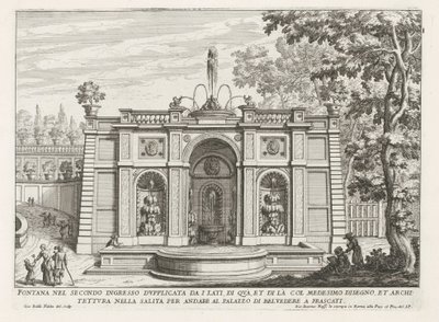 Fontein in de tuinen van de Villa Aldobrandini te Frascati Fontanna w drugim wejściu podwojona z boków (...) (tytuł na obiekcie) Fontanny willi Frascati (tytuł serii) Fonteinen van Frascati (tytuł serii) autorstwa Giovanni Battista Falda