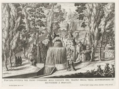 Fontein in de tuinen van de Villa Aldobrandini te Frascati Rustykalna fontanna na piętrze przy wodospadzie teatru (...) (tytuł na obiekcie) Fontanny willi Frascati (tytuł serii) Fonteinen van Frascati (tytuł serii) autorstwa Giovanni Battista Falda