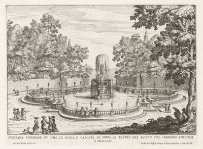 Fontein in de tuinen van de Villa Torlonia te Frascati Fontanna górna na szczycie klatki schodowej i wodospad nad teatrem (...) (tytuł na obiekcie) Fontanny willi Frascati (tytuł serii) Fonteinen van Frascati (tytuł serii) autorstwa Giovanni Battista Falda