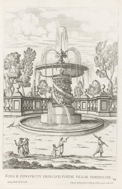 Fontein met dolfijnen in de tuinen van Villa Doria Pamphilj te Rome Fontanna przed bramą książęcą miasta Pamfilia (tytuł na obiekcie) Le fontane ne palazzi e ne giardini di Roma (tytuł serii) Fonteinen in de paleizen en tuinen van Rome (seria titl autorstwa Giovanni Battista Falda