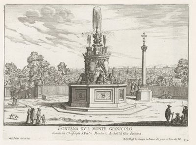 Fontein op Piazza San Pietro in Montorio op de Janiculumberg te Rome Fontanna na Górze Gianicolo (tytuł na obiekcie) Fontanny Rzymu (tytuł serii) Fonteinen van Rome (tytuł serii) autorstwa Giovanni Battista Falda