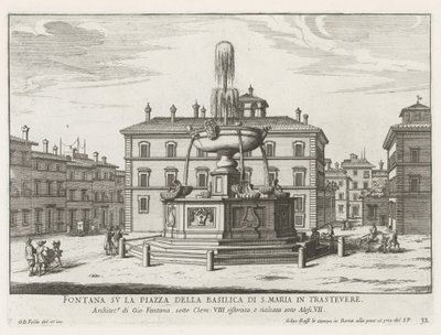Fontein op Piazza Santa Maria in Trastevere Fontanna na placu Bazyliki S. Maria in Trastevere (tytuł na obiekcie) Fontanny Rzymu (tytuł serii) Fonteinen van Rome (tytuł serii) autorstwa Giovanni Battista Falda