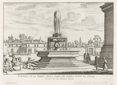 Fontein na Piazza del Popolo w Rzymie Fontanna na Piazza della Porta del Popolo pod iglicą (tytuł na obiekcie) Fontanny Rzymu (tytuł serii) Fonteinen van Rome (tytuł serii) autorstwa Giovanni Battista Falda