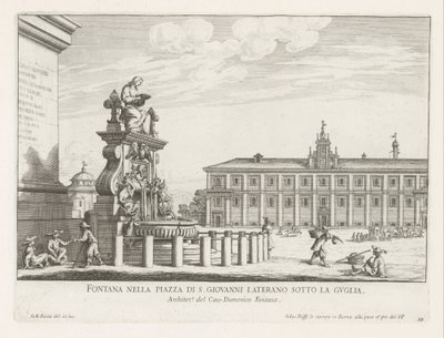 Fontein op Piazza di San Giovanni in Laterano te Rome Fontanna na Piazza di S. Giovanni Laterano pod iglicą (tytuł na obiekcie) Fontanny Rzymu (tytuł serii) Fonteinen van Rome (tytuł serii) autorstwa Giovanni Battista Falda