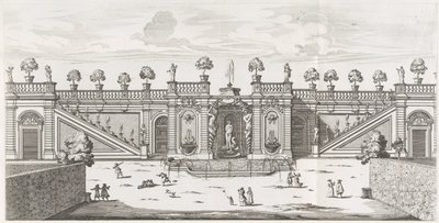 Fontanna Wenus w ogrodach Villa Doria Pamphilj w Rzymie Fons Veneris (tytuł na obiekcie) Le fontane ne palazzi e ne giardini di Roma (tytuł serii) Fontanny w pałacach i ogrodach Rzymu (tytuł serii) autorstwa Giovanni Battista Falda