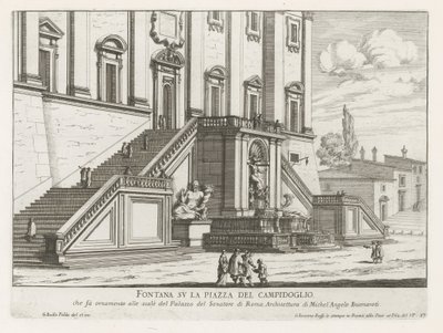 Fontanna przed Palazzo Senatorio na Kapitolu w Rzymie Fontana su la Piazza del Campidoglio (tytuł na obiekcie) Fontane di Roma (tytuł serii) Fontanny Rzymu (tytuł serii) autorstwa Giovanni Battista Falda