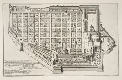 Papieski ogród i pałac na Kwirynale, z Il Nuovo Teatro della Fabriche et Buildings in Perspective of Modern Rome, opublikowane ok. 1665-69 (patrz także 172928) autorstwa Giovanni Battista Falda