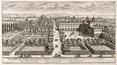 Perspektywa ogrodów Villa Medici w Rzymie, rycina z Li Giardni (Ogrody) autorstwa Giovanniego Battisty Faldy (1640 lub 1643-1678) autorstwa Giovanni Battista Falda