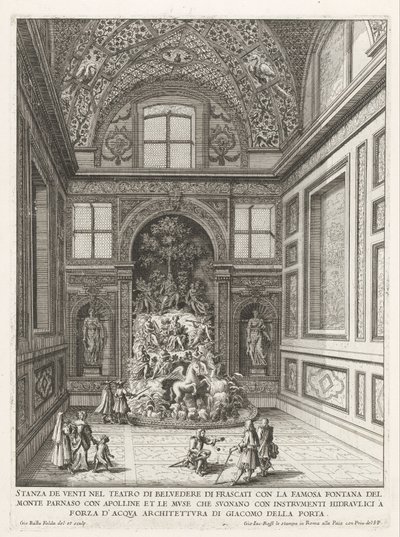Pokój Wiatrów w de tuinen van de Villa Aldobrandini te Frascati Pokój dwudziestu w Teatrze Belvedere we Frascati (...) (tytuł na obiekcie) Fontanny willi Frascati (tytuł serii) Fonteinen van Frascati (tytuł serii) autorstwa Giovanni Battista Falda