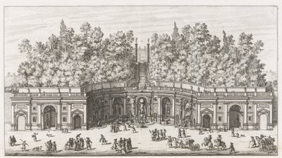 Teatr wód in de tuinen van de Villa Aldobrandini te Frascati Widok i elewacja wielkiego teatru wodnego Willi Aldobrandina (...) (tytuł na obiekcie) Fontanny willi Frascati (tytuł serii) Fonteinen van Frascati (tytuł serii) autorstwa Giovanni Battista Falda
