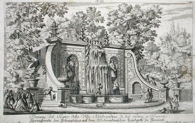 Fontanna teatralna w willi Aldobrandina, Frascati, ok. 1675, z „Le Fontane”, wydanej przed 1687 r. (rycina) autorstwa Giovanni Battista Falda