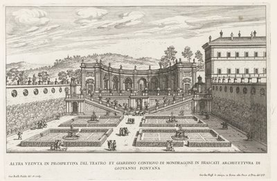 Tuinen van de Villa Mondragone te Frascati Inny widok perspektywiczny teatru i przyległego ogrodu (...) (tytuł na obiekcie) Fontanny willi Frascati (tytuł serii) Fonteinen van Frascati (tytuł serii) autorstwa Giovanni Battista Falda