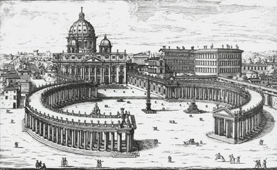Watykan, Widok na Piazza San Pietro z Bazyliką Świętego Piotra i Pałacami Watykańskimi, rycina Giovanni Battista Falda. 1665 autorstwa Giovanni Battista Falda